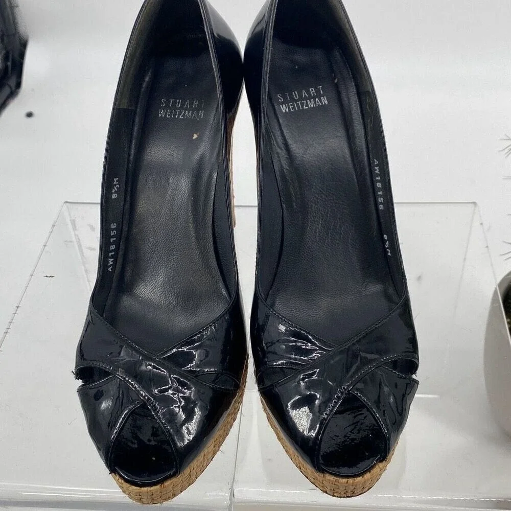 Stuart Weitzman Women's Patent Leather Criss Cross Pump Heel Black Tan Size 8.5M